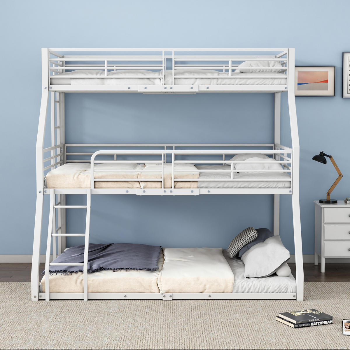 ETAGENBETT 90/200 cm aus Metall als Dreifachbett mit 2 Leitern und Sicherheitsgeländern, Weiß - Weiß, Metall (90/200cm) - Redom