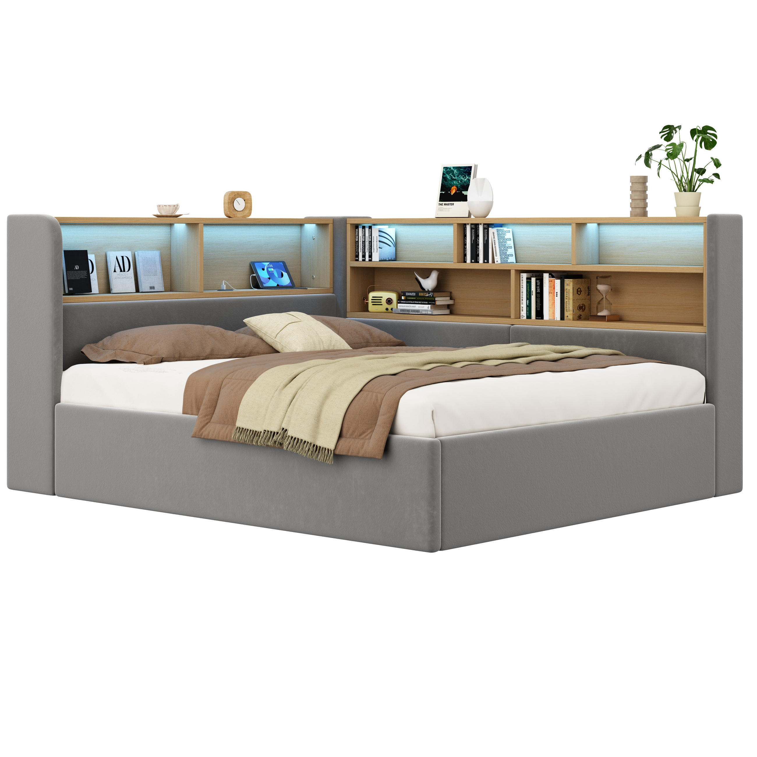 POLSTERBETT 140/200 cm in Grau Samt mit Bettkasten, LED und USB - Grau, Holzwerkstoff/Textil (140/200cm) - CHICFURN