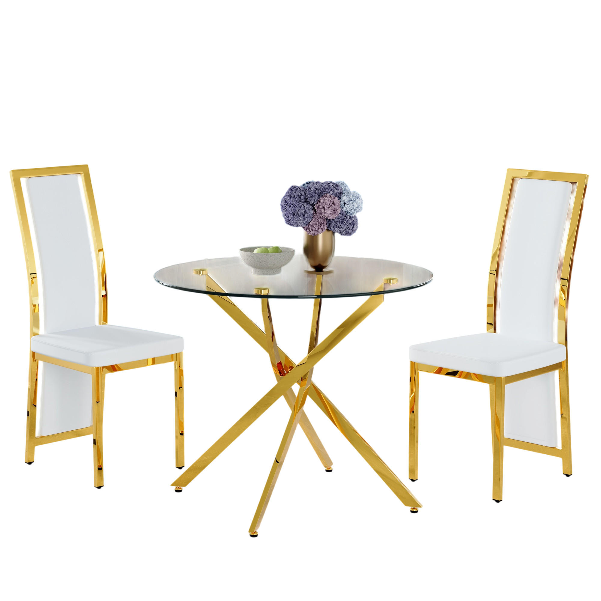 ESSGRUPPE DE-39460 3-teilig, Glastisch und 2 Stühlen mit Goldkante Weiß - Weiß, Metall (88/75/88cm) - ComfortXL