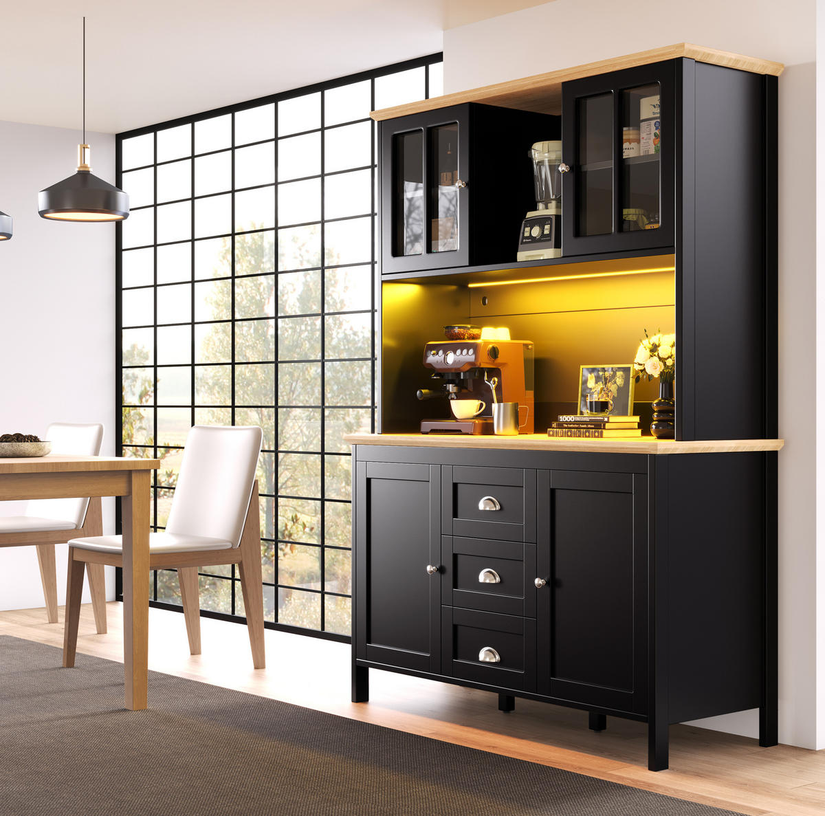 BUFFET 120/40/179 cm aus MDF und Metall mit LED-Beleuchtung Schwarz - Schwarz, Holzwerkstoff (120/179/40cm) - Modenvie