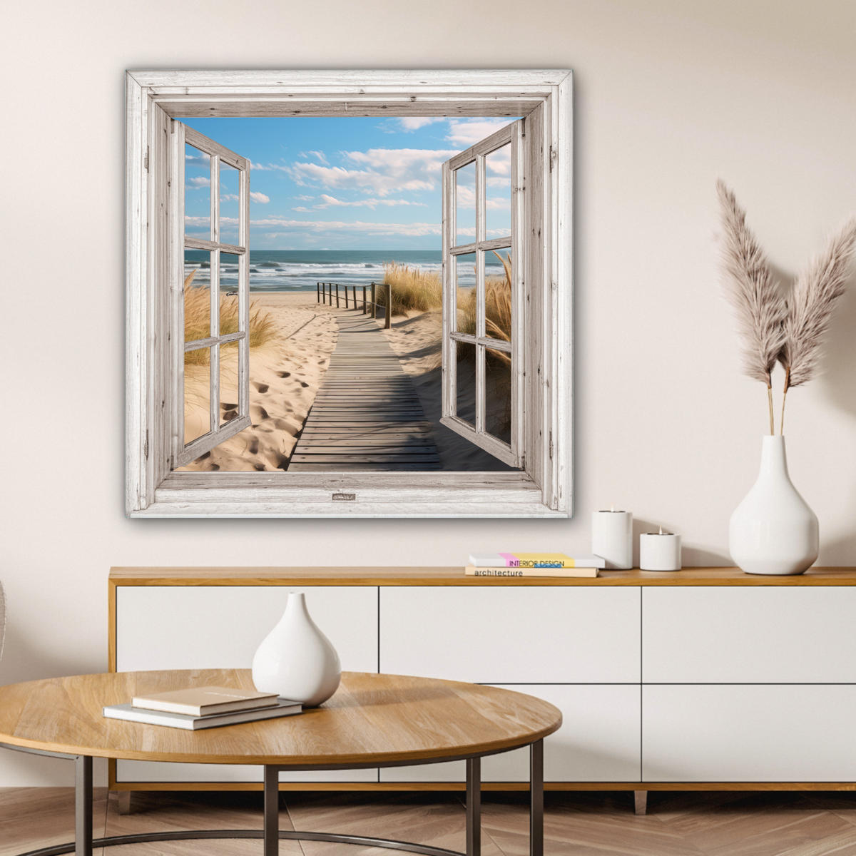 LEINWANDBILD Fenster - Meer - Küste - Natur - Ausblick - Strand - Wattenmeer 90x90 cm - Beige, Textil (90/90cm) - MuchoWow