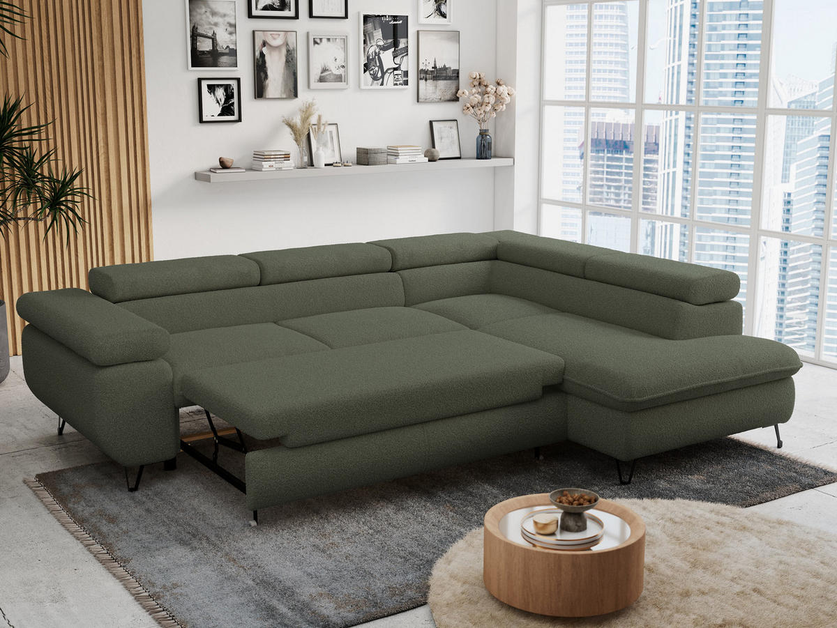 ECKSOFA PETER L Grün Boucle - Rechts Seite - Schwarz/Grün, Textil/Metall (273/208cm) - MKS