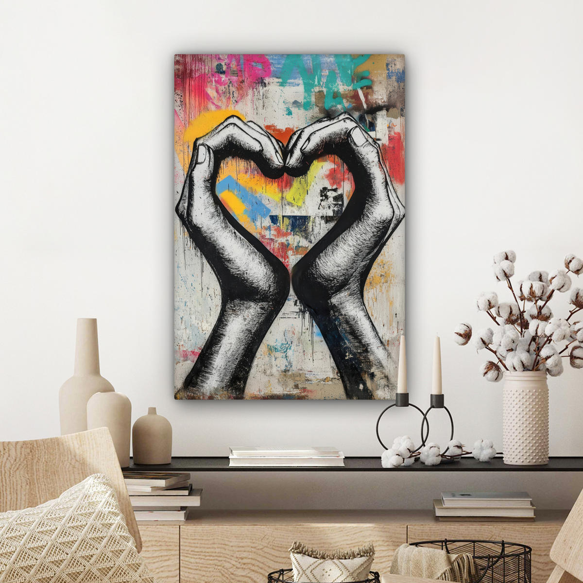OBRAZ NA PLÁTNE Ruky - Srdce - Street art - Graffiti 60x90 cm - viacfarebná, textil (60/90cm) - MuchoWow
