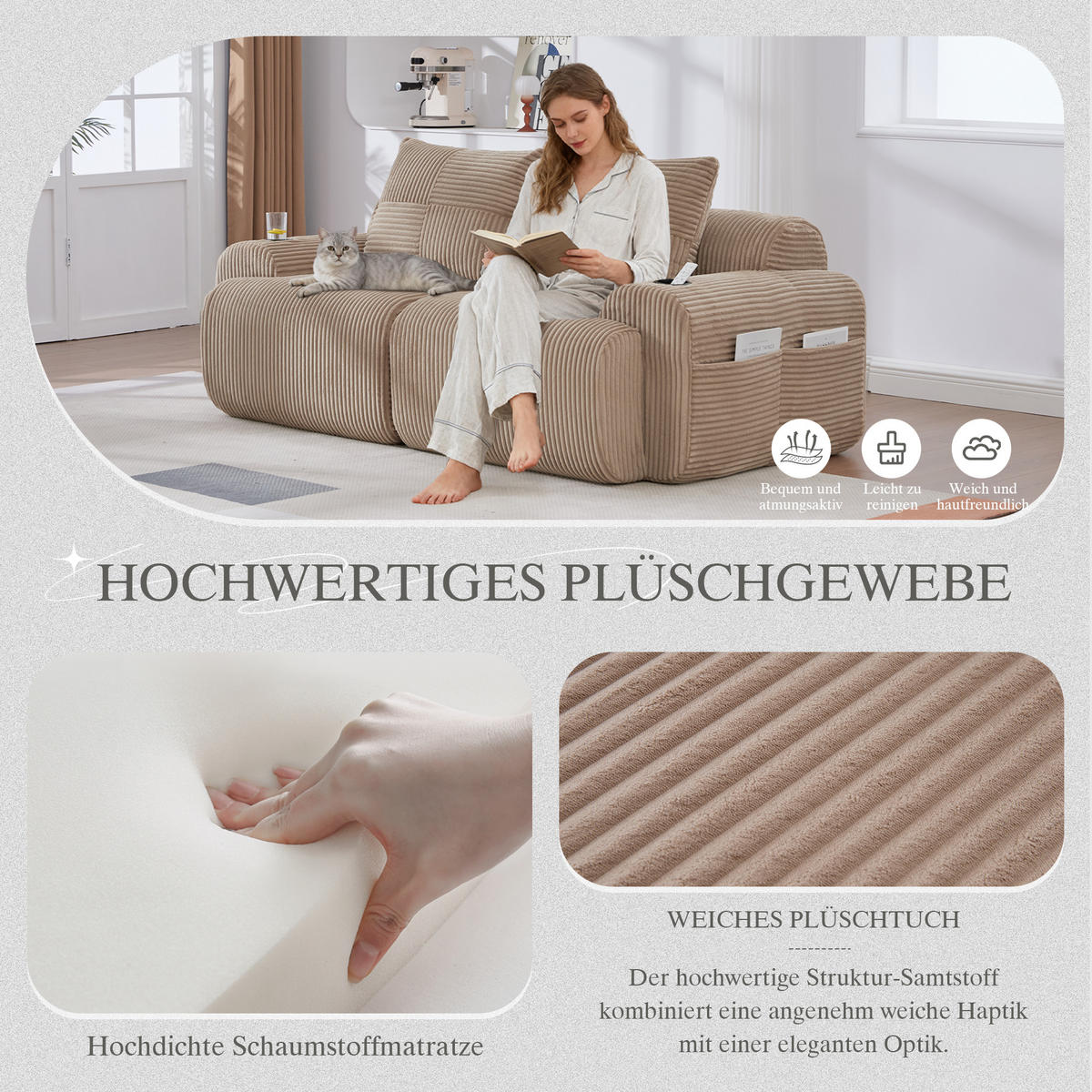 2-SITZER Sofa Cord mit Getränkehalter und Seitentasche 200/99/80 cm Sandfarben - Sandfarben, Textil (99/80/200cm) - Redom