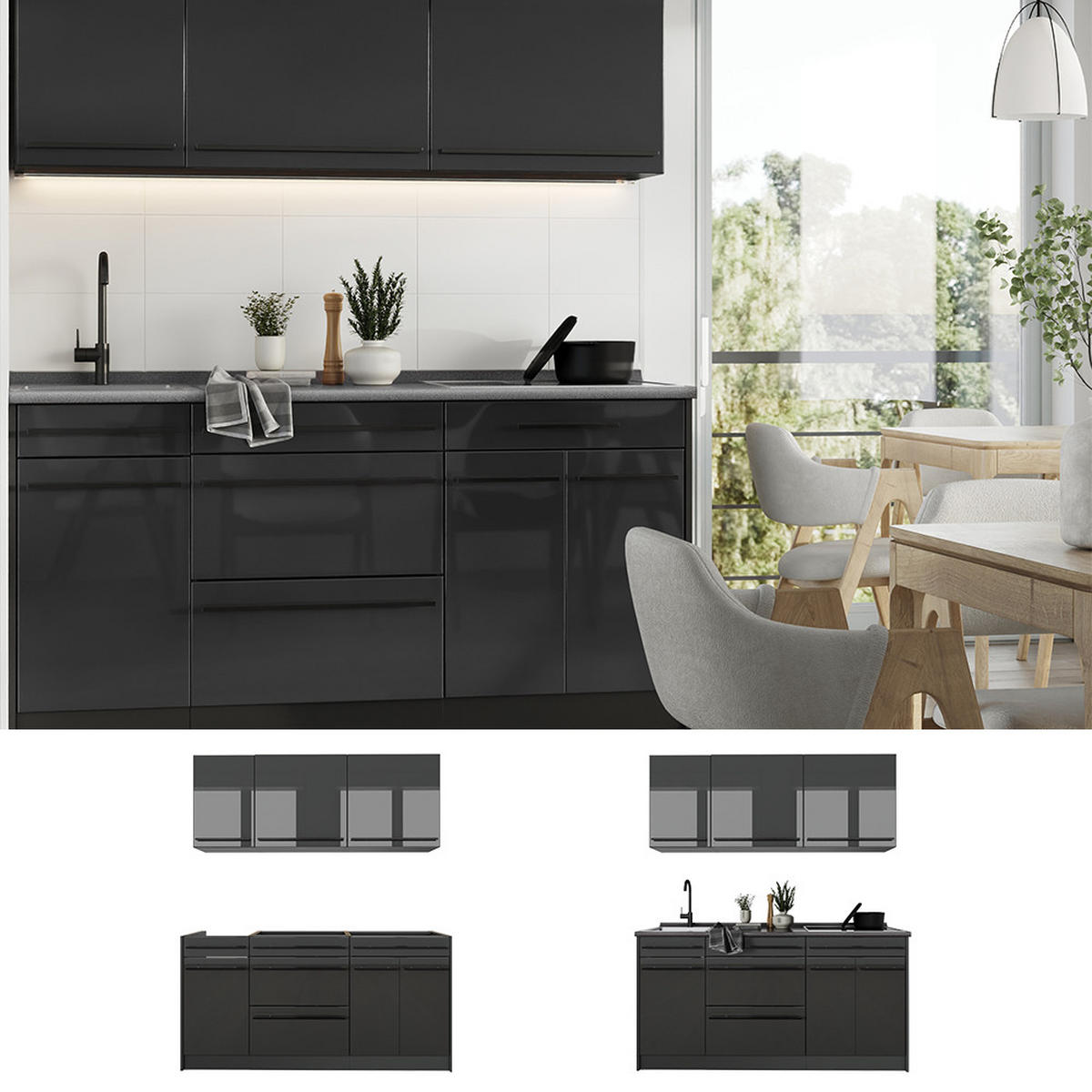 SINGLEKÜCHE R-Line, Anthrazit Hochglanz/Anthrazit, 160 cm ohne Arbeitsplatte - Schwarz Hochglanz/Anthrazit, Holzwerkstoff (160/81.6/46cm) - Vicco