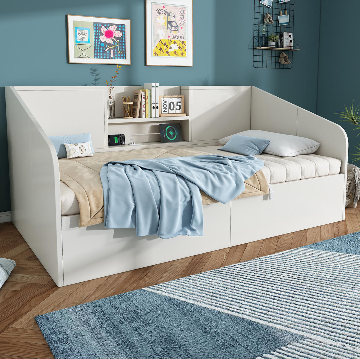 DENNÁ posteľ z MDF a masívneho dreva 90x190 cm biela s USB/Type-C nabíjaním a úložným priestorom - biela, kompozitné drevo (90/190cm) - Modfu