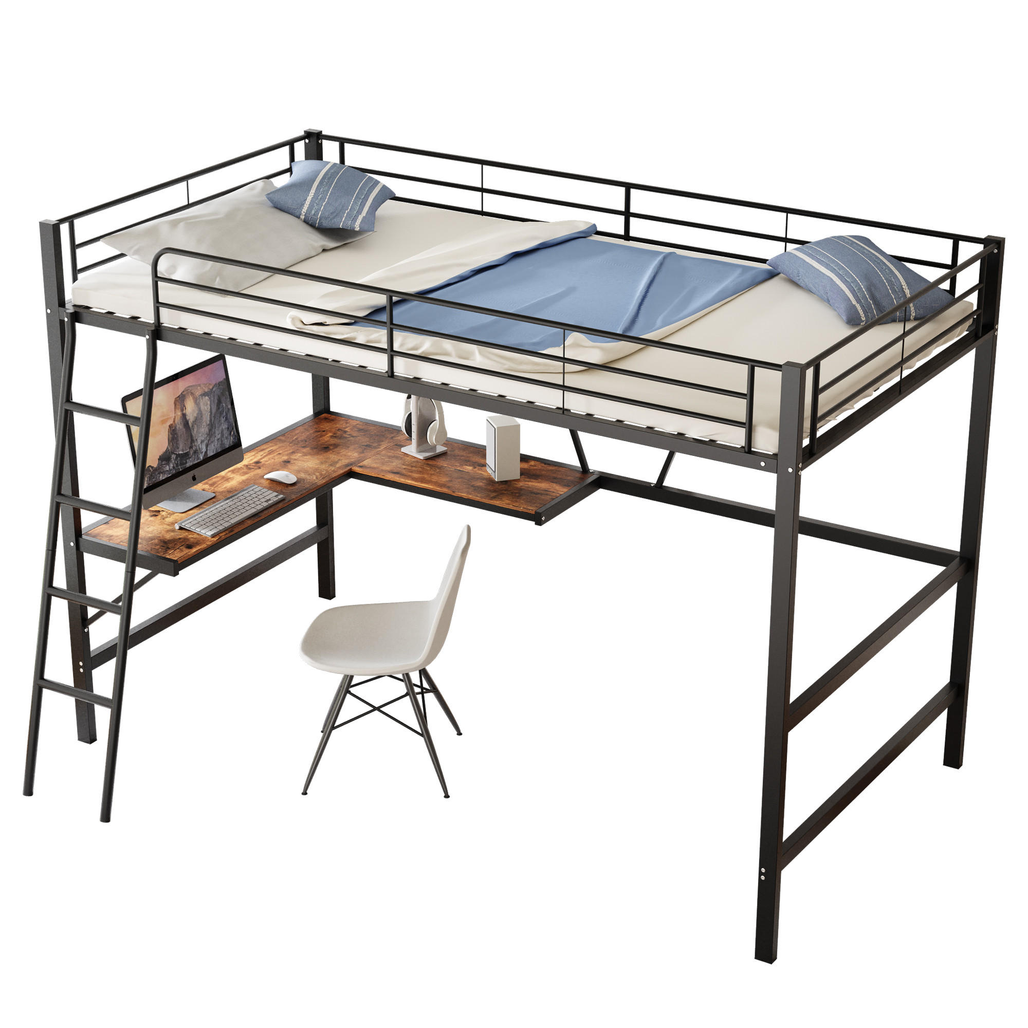 HOCHBETT 90/200 cm schwarz mit L-förmigem Schreibtisch und Regal - Schwarz, Metall (90/200cm) - OKWISH