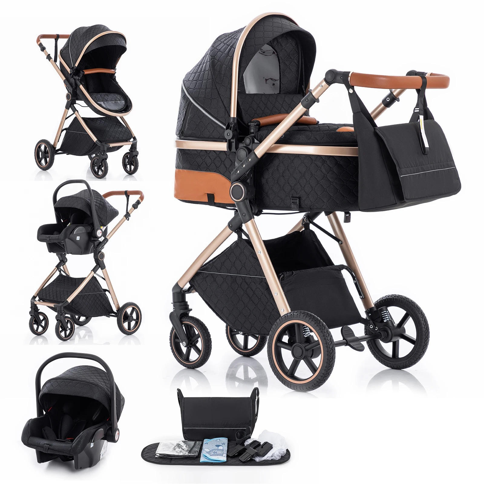 KINDERWAGENSET 3-in-1, tragbarer, klappbar, V8-Rastermuster SCHWARZ - Schwarz, Metall (80/60cm) - Kaket