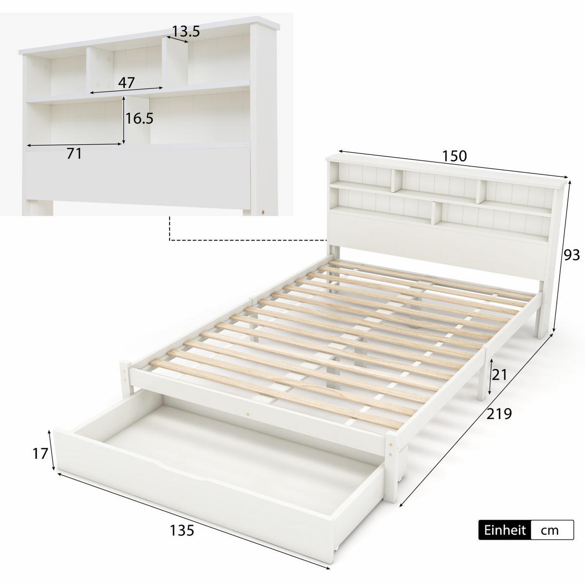 HOLZBETT 140/200 cm in Weiß mit Kopfteil im Bücherregal-Stil und Schubladen - Weiß, Holz (140/200cm) - BEAOK