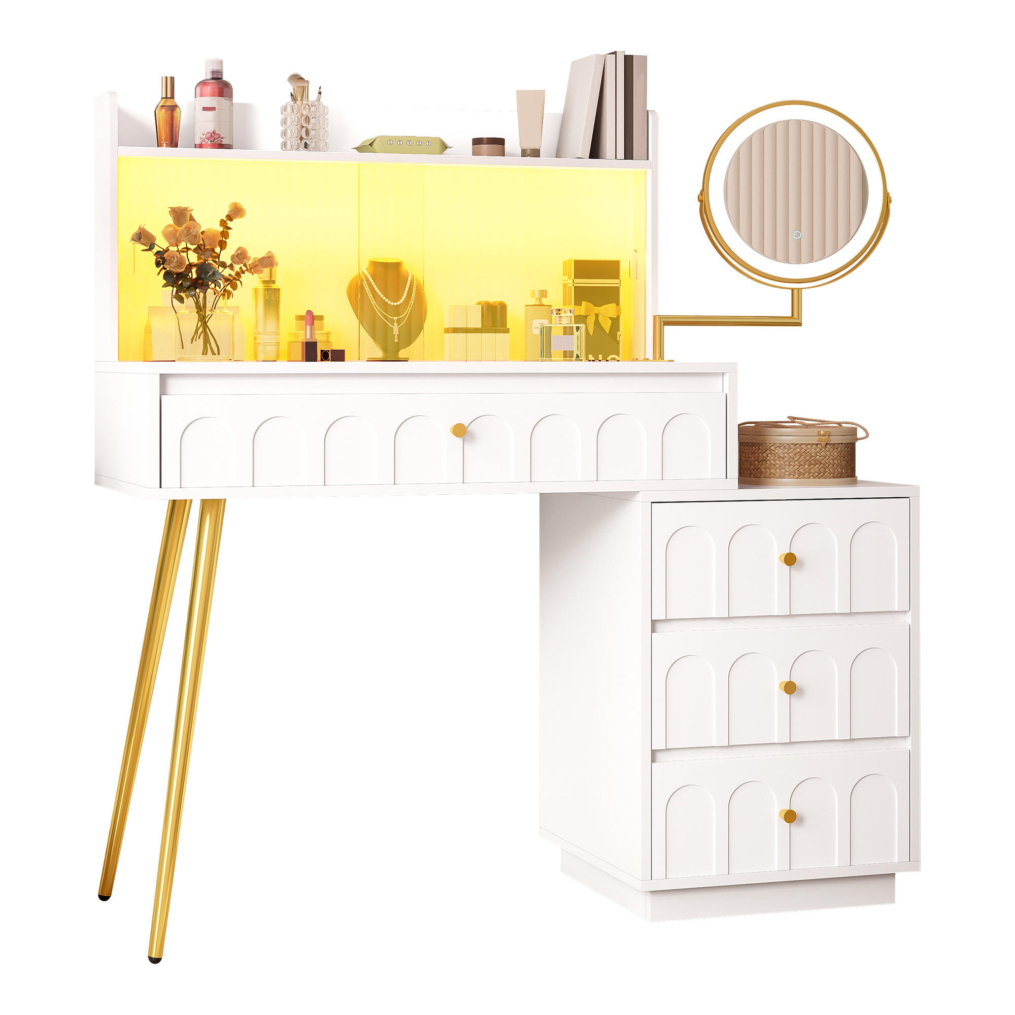 SCHMINKTISCH in Weiß Frisiertisch mit LED-Spiegel und 4 Schubladen für Schlafzimmer, B112/T40/H116cm - Transparent/Goldfarben, Holzwerkstoff/Metall (112/116/34.5cm) - STILVORA