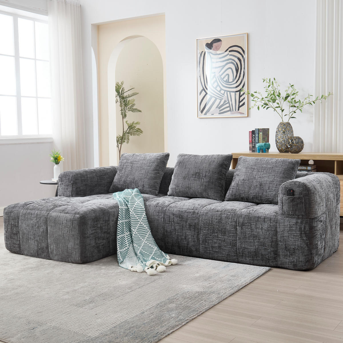 ECKSOFA Chenille Grau mit 3 Kissen und Seitentaschen - Grau, Textil (250/158cm) - WISHDOR