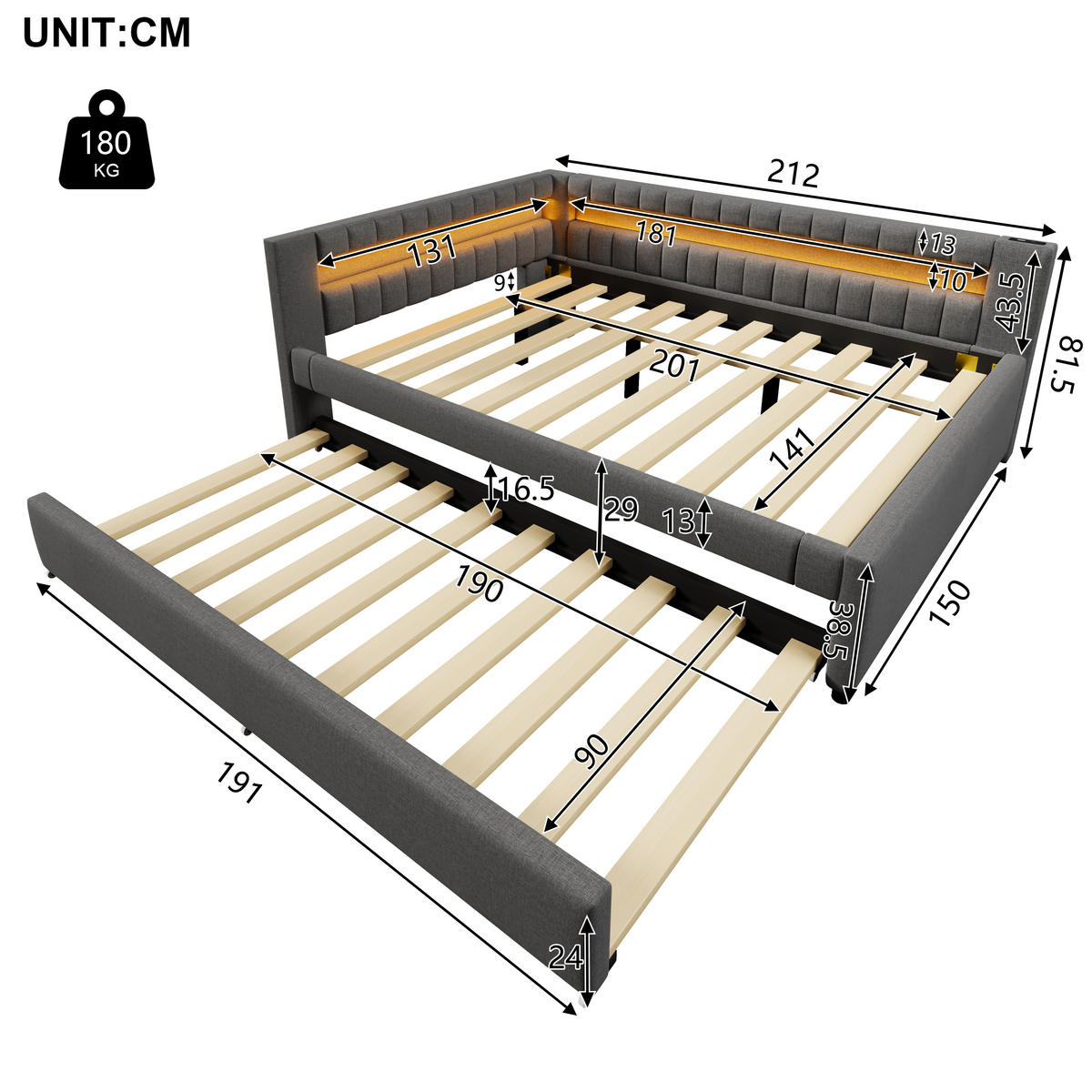 TAGEBETT 140x200cm Grau LED-Licht Ausziehbett USB Leinen - Grau, Holz (140/200cm) - FLIEKS