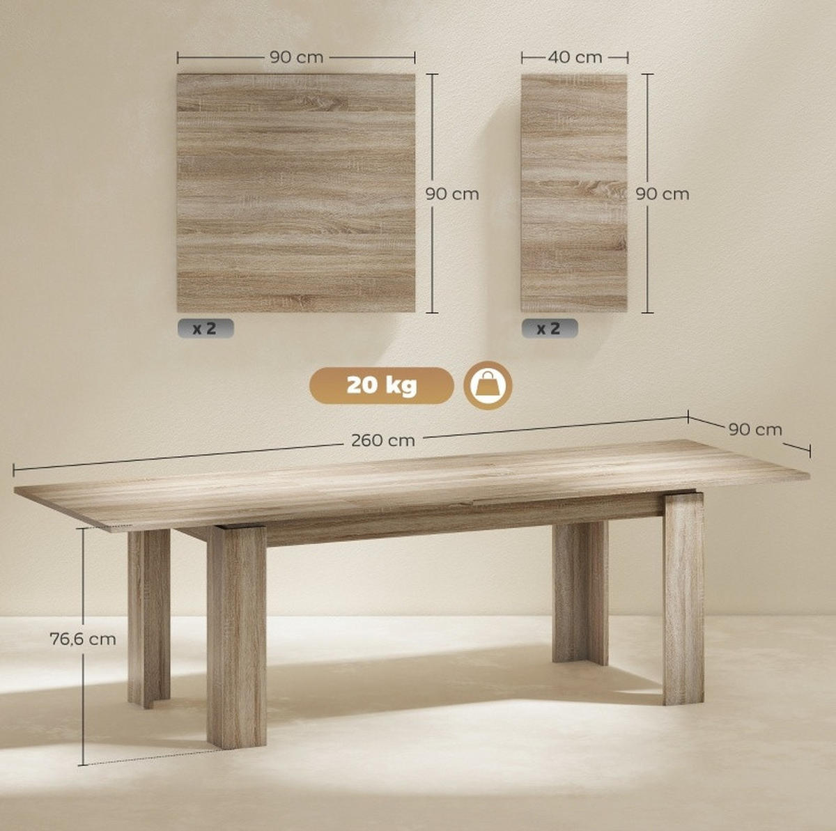 ESSTISCH 180-260/90/76,6 cm Eiche mit Schmetterlingsauszug aus Holzwerkstoff - Eichefarben, Holz (260/90/76.6cm) - OKWISH