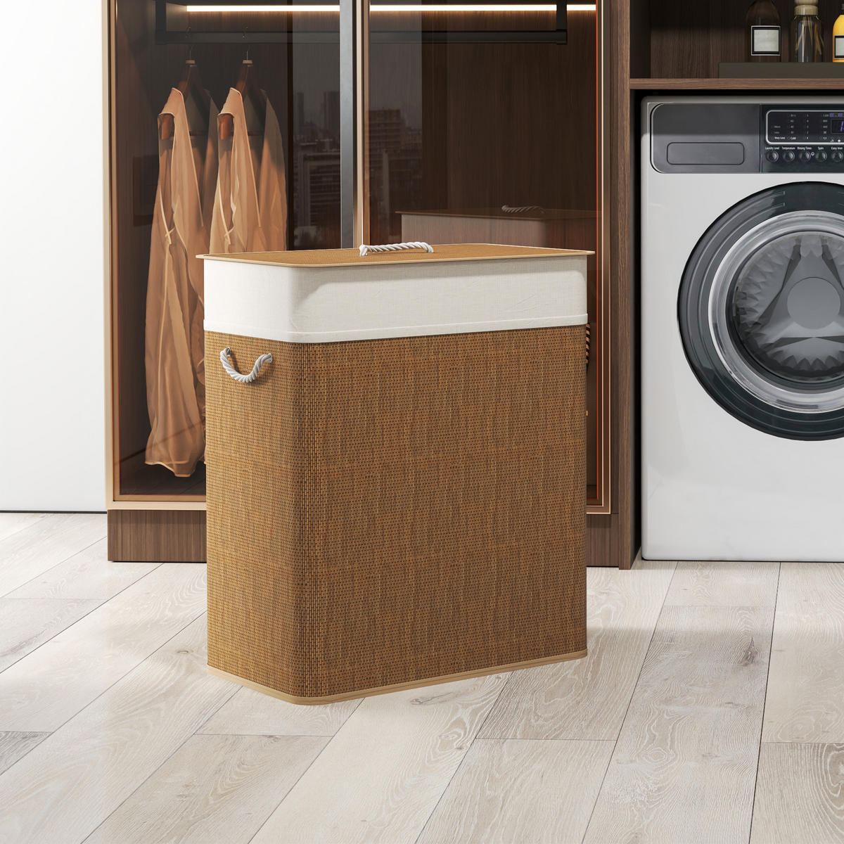 BAMBUS Wäschekorb mit Deckel 2 Fächer 100 L Wäschesammler mit Seilgriffen - Braun, Naturmaterialen (32/63/52cm) - HOMCOM