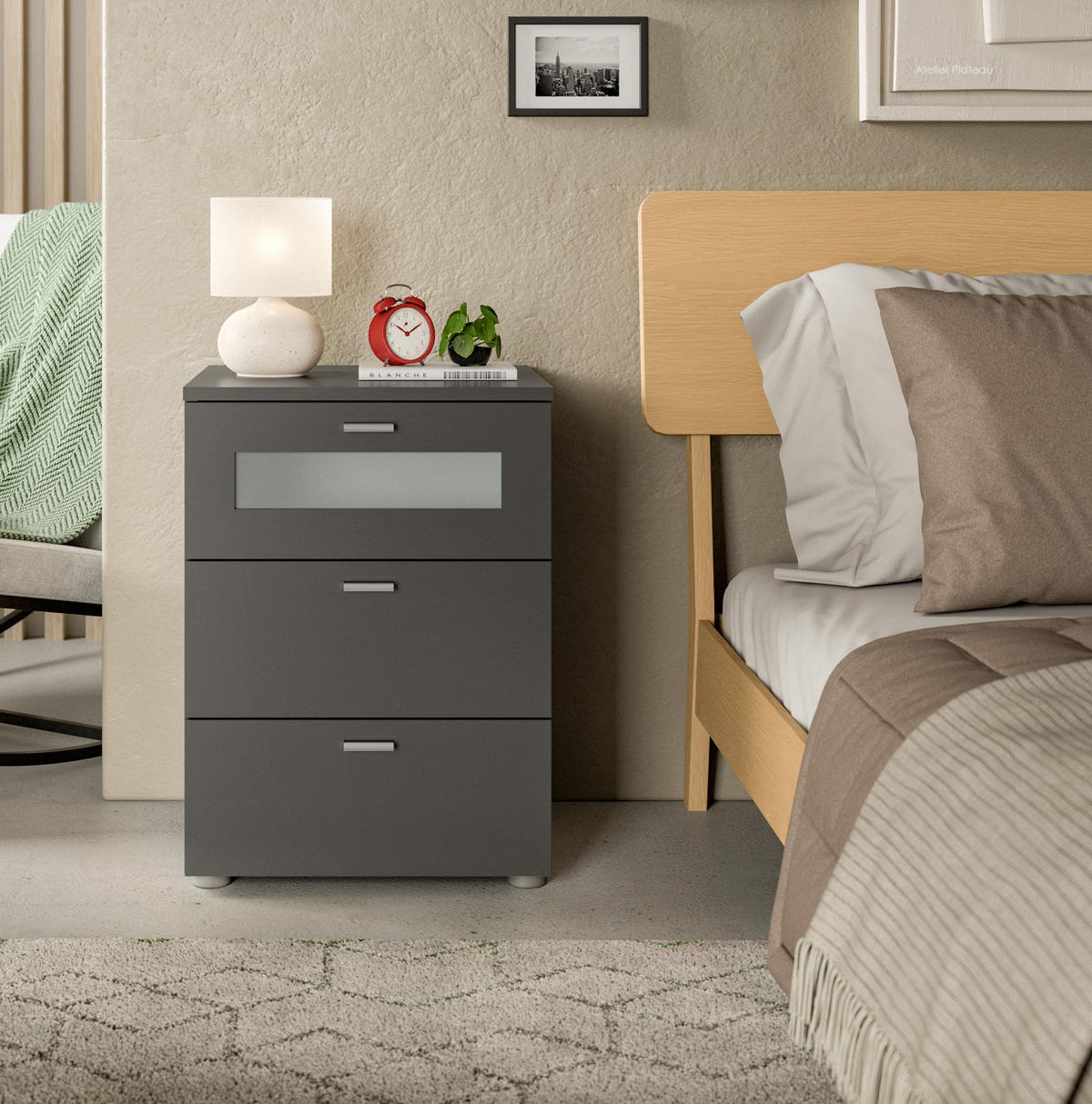 NACHTTISCH grau Komforthöhe 60 cm, 3x Schubkasten mit Vollauszug - Silberfarben/Grau, Glas/Holzwerkstoff (45/60/40cm) - Inn.Furn