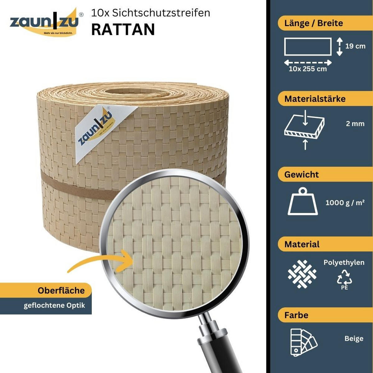 SICHTSCHUTZSTREIFEN Rattan für Doppelstabmatten UV-beständig Beige 10x 2,55m - Beige, Kunststoff (2550/19cm) - ZAUN|ZU