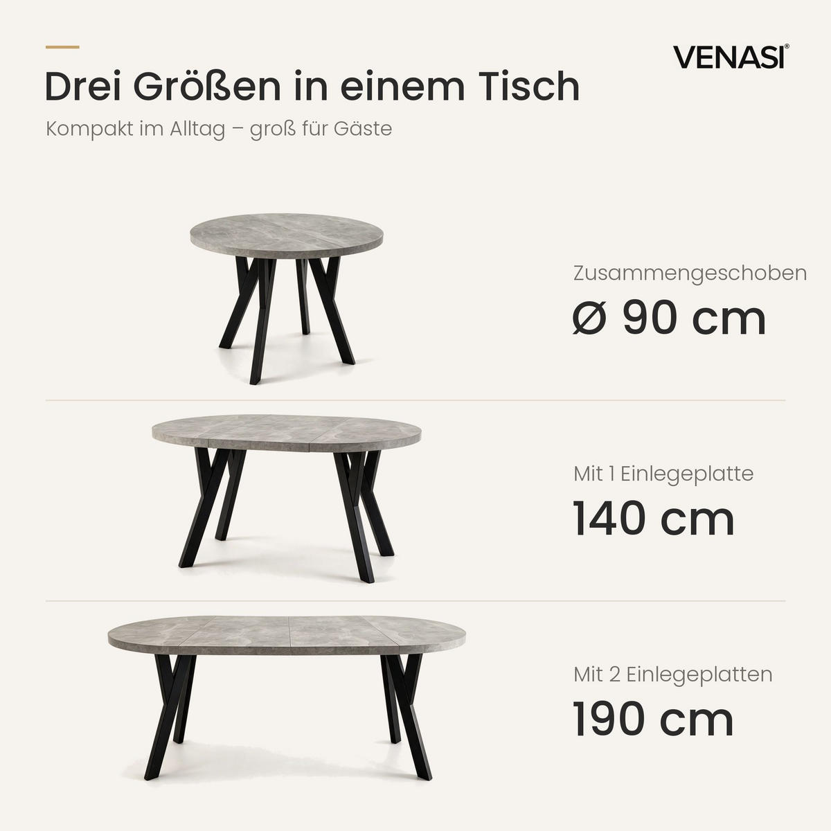 ESSTISCH ausziehbar rund 90-190 cm ATO Beton, Auszugstisch mit Einlegeplatte - Schwarz/Grau, Holzwerkstoff (90/90/77cm) - VENASI MÖBEL