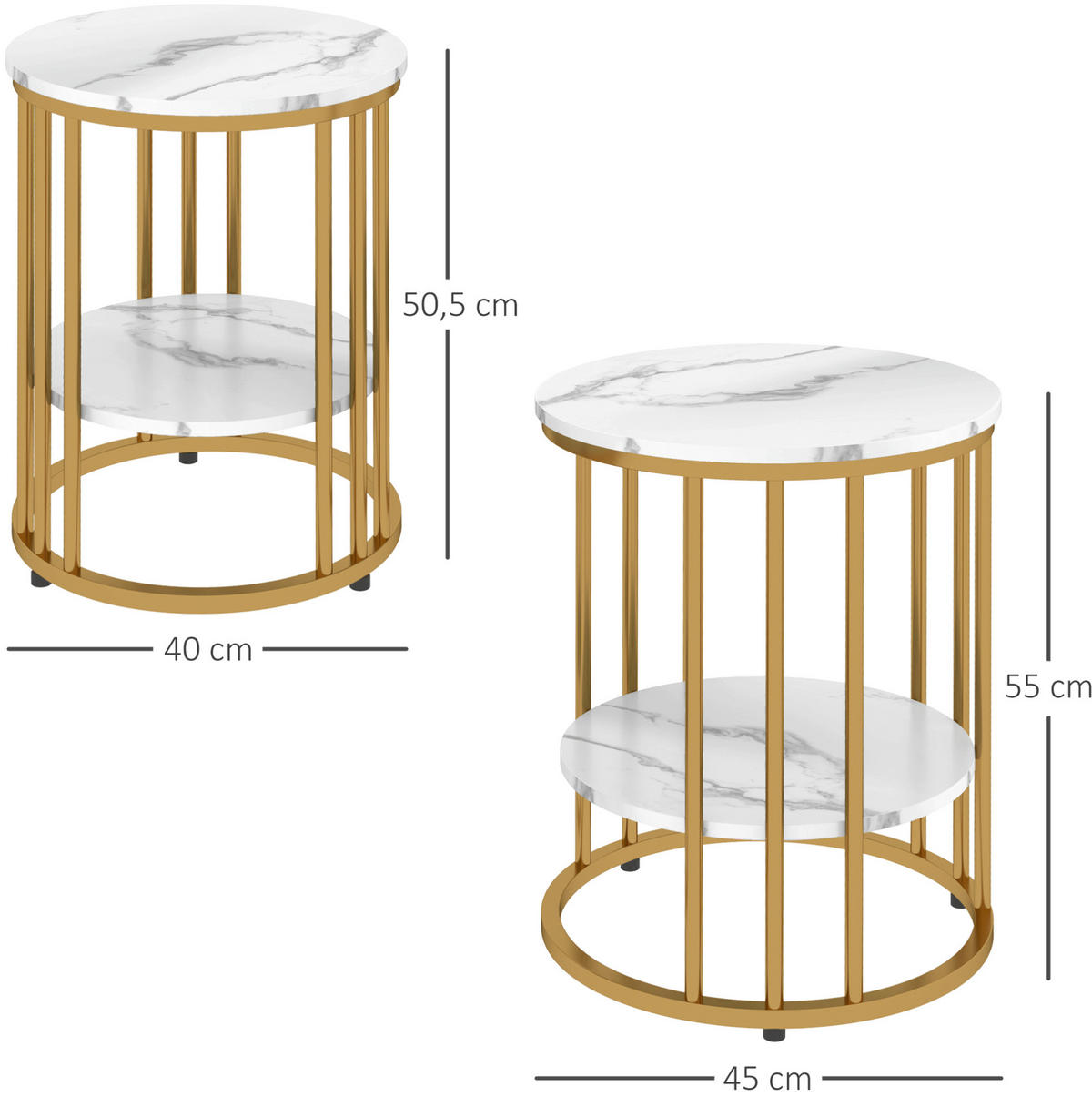COUCHTISCH 2er Set rund in Weiß mit Ablage und Marmoroptik,45/45/55 cm - Weiß, Holz (45/45/55cm) - Flora Grace