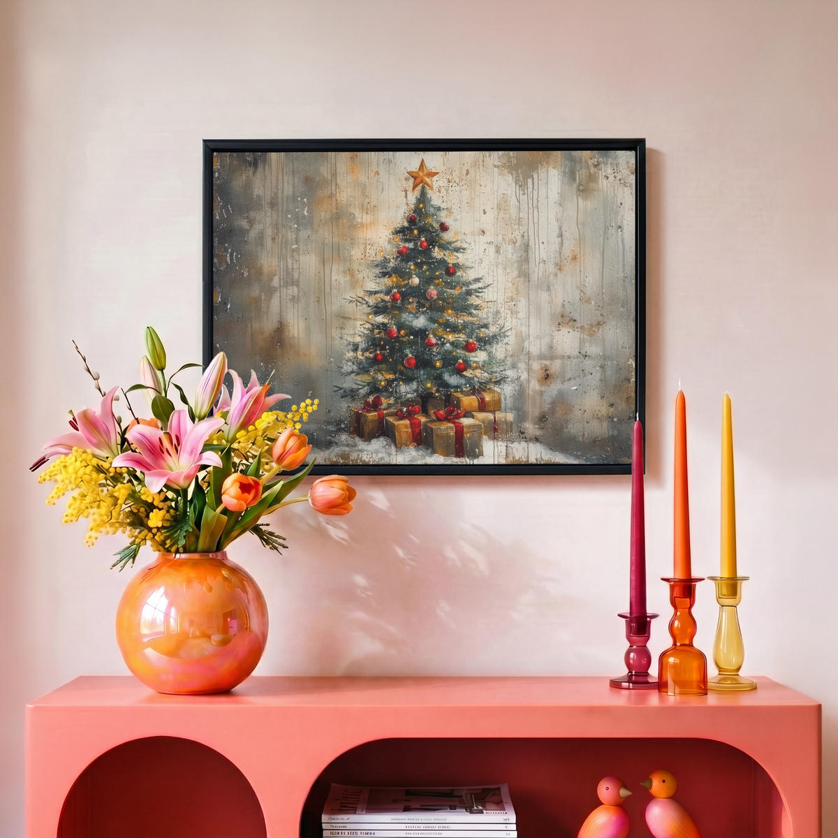 LEINWAND Bilder mit Rahmen - Weihnachtsbaum - Vintage - Weihnachten - Geschenk - 40x30 - Rostfarben, Textil (40/30cm) - MuchoWow