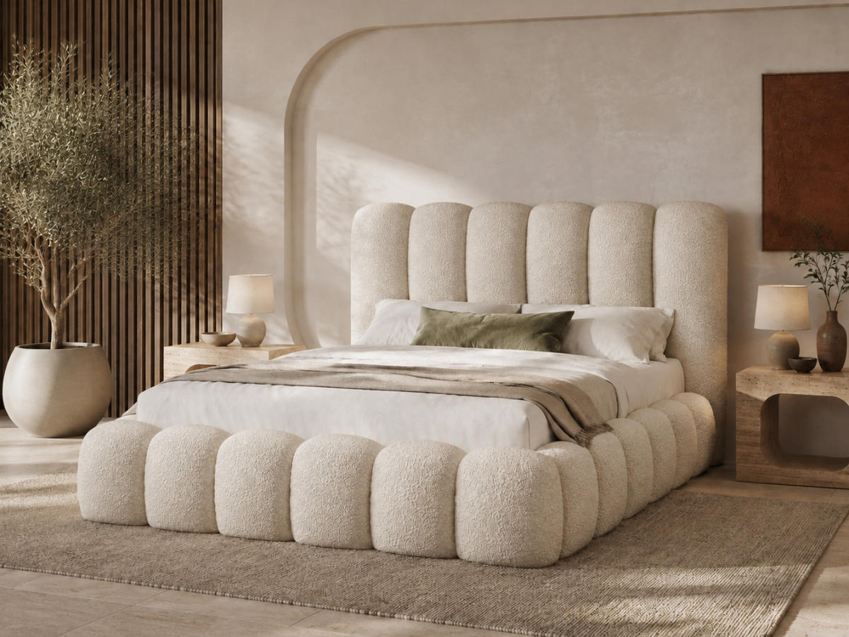 POLSTERBETT MELLOW 200x200 cm in Creme, gepolstertes Kopfteil, Lattenrost, Bettkasten, Bouclé-Stoff - Ecru, Holz/Textil (200/200cm) - EMLAR Home