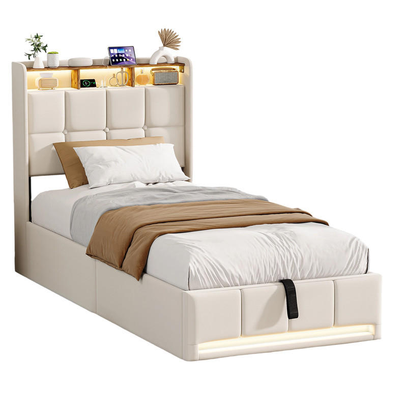 KLÄDD säng 90/200 cm beige med förvaringsutrymme, LED och USB - Beige, Trä - SHOPENTRA