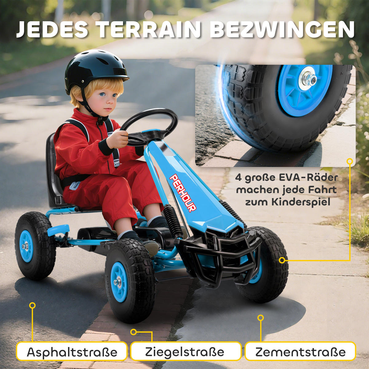 GOKART, Tretauto mit Handbremse, verstellbarem Sitz, Vor- und Rückwärtsgang - Blau, Metall (110/61/62cm) - AIYAPLAY