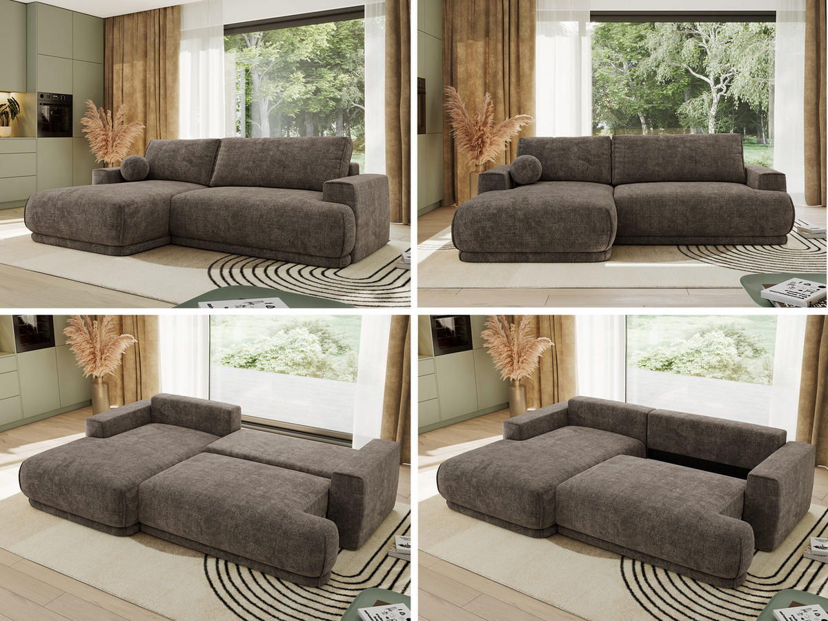 ECKSCHLAFSOFA RINA L Braun Schenille grob gewebt - links - Schwarz/Braun, Kunststoff/Textil (267/170cm) - MKS