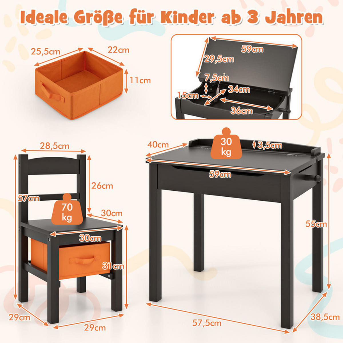 KINDERTISCH‑SET aus Massivholz braun(2-tlg) - Braun, Holz (59/55/40cm) - COSTWAY