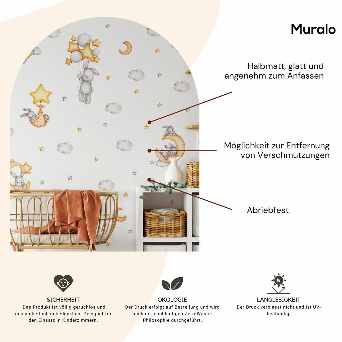 STICKER SET für Kinder Häschen Wolken Monde Sterne 60x30 - Gelb/Beige, Papier (60/30/1cm) - Muralo