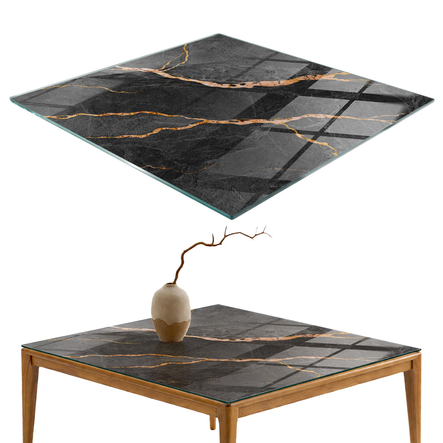 TISCHPLATTE 60x60 cm Marmormuster mit Adern - Rotbraun/Schwarz, Glas (0.4/60/60cm) - TULUP