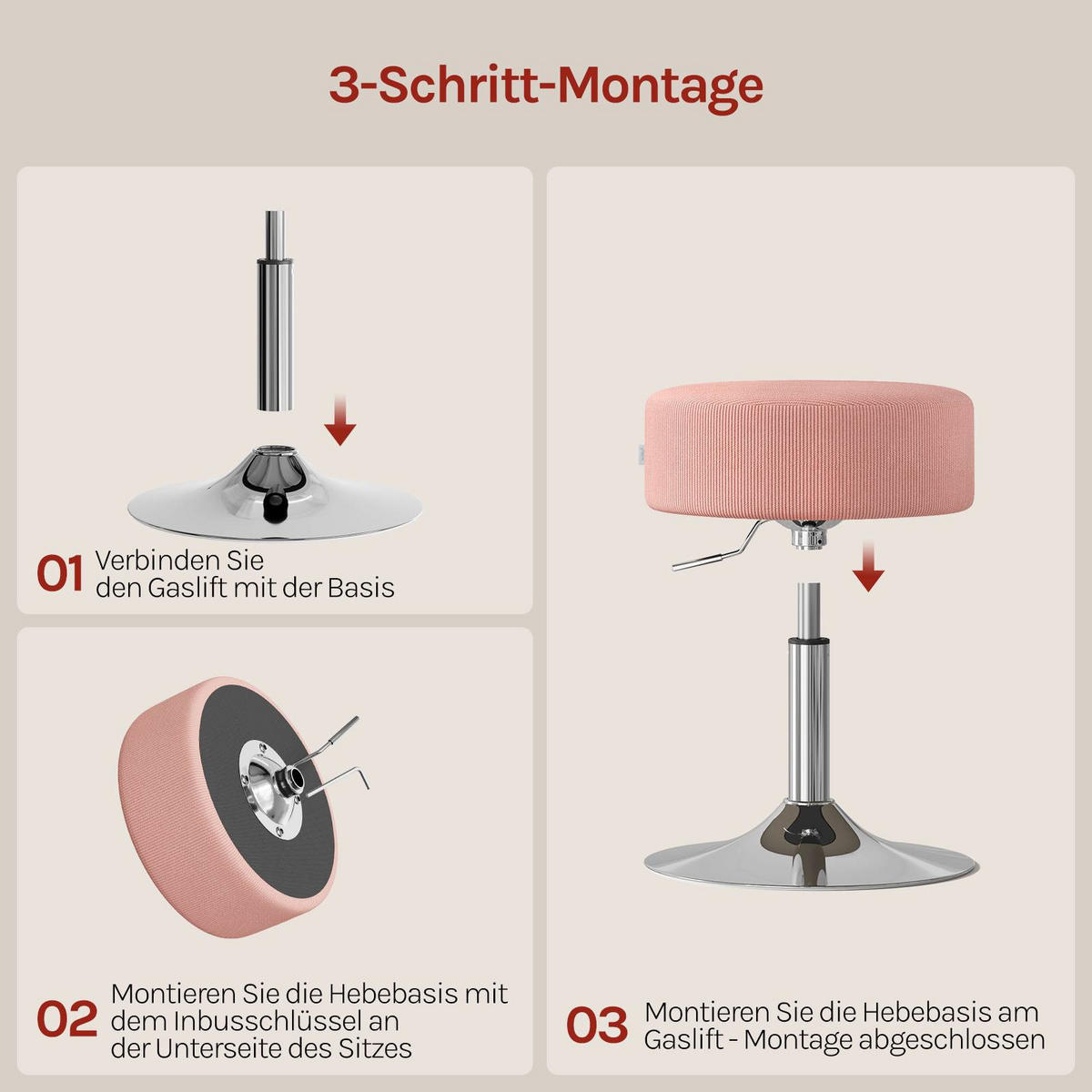 SITZHOCKER rund, drehbar, Cord-Sitzfläche, Rosa - Silberfarben/Rosa, Textil/Metall (38.5/56/38.5cm) - Woltu