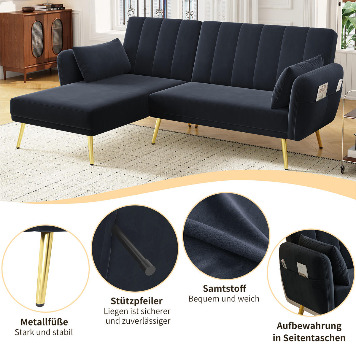 ECKSOFA L-Form Klappbett mit Zusatzecke Schlaffunktion Modern Schwarz - Schwarz, Holz (110.49/70.99cm) - FLIEKS