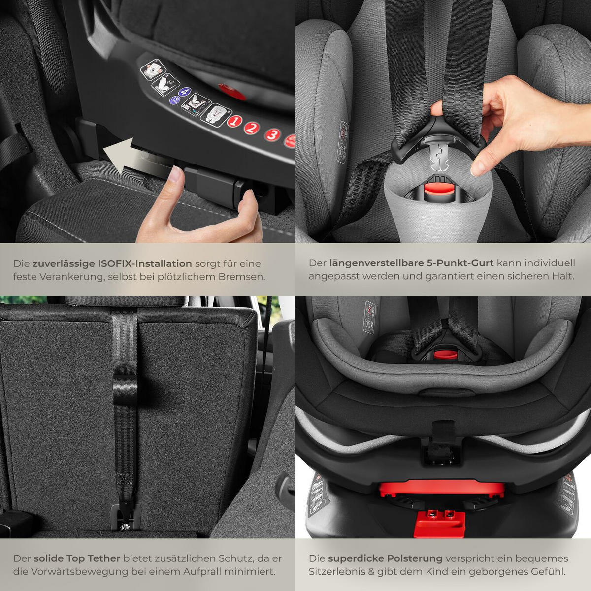 AUTOSITZ Drehbar Linus,ab Geburt bis 150 cm, Belastbarkeit 36 kg,hellgrau/schwarz - Hellgrau/Schwarz, Kunststoff (48/74/55cm) - tectake