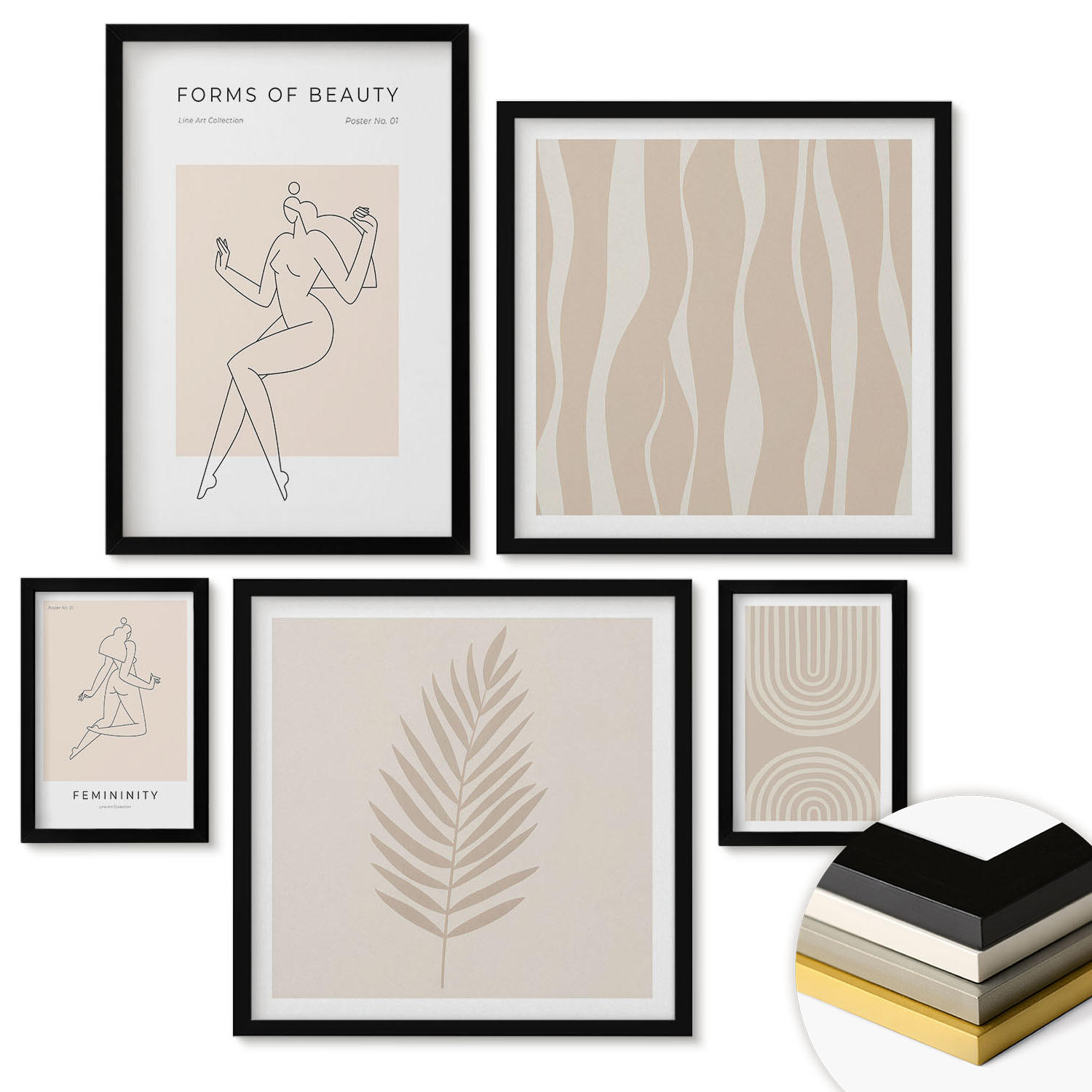 WANDBILDER 5er-Set - 50x50 cm & 20x30 cm & 40x60 cm Schwarzer Rahmen - Abstrakte Boho-Dekorationen - Schwarz, Kunststoff (40/60cm) - ArtPrintCave