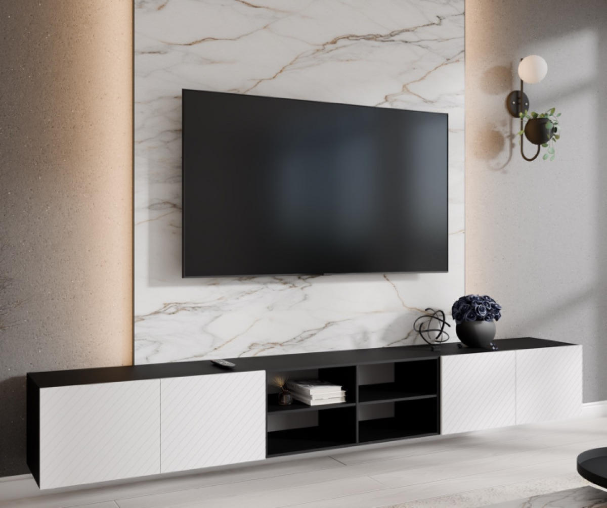 TV-SCHRANK Weiß Schwarz Nikol Gefräste Fronten Regale 300 cm - Schwarz/Weiß, Holzwerkstoff (300/41/40cm) - Sepro Meble