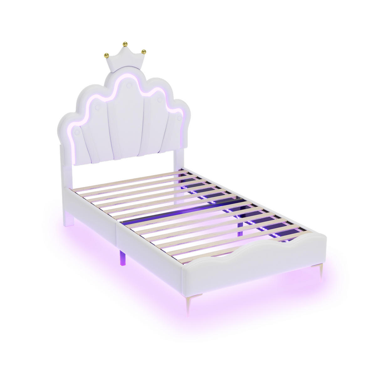 KINDERBETT 90/200 cm in Weiß mit LED-Beleuchtung und Kronen-Kopfteil - Weiß, Kunststoff (90/200cm) - BEAOK