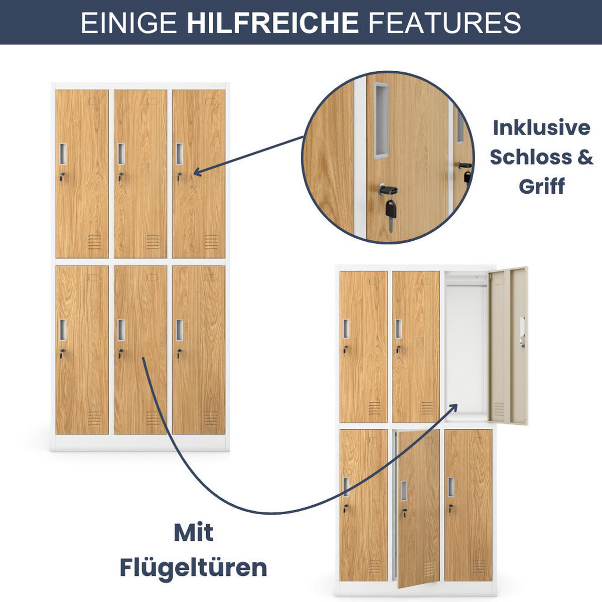 UMKLEIDESCHRANK Spind TOKIO 6 Abteile 185x90x45cm Weiß-Goldene Eiche - Weiß, Metall (90/185/45cm) - DELUKE