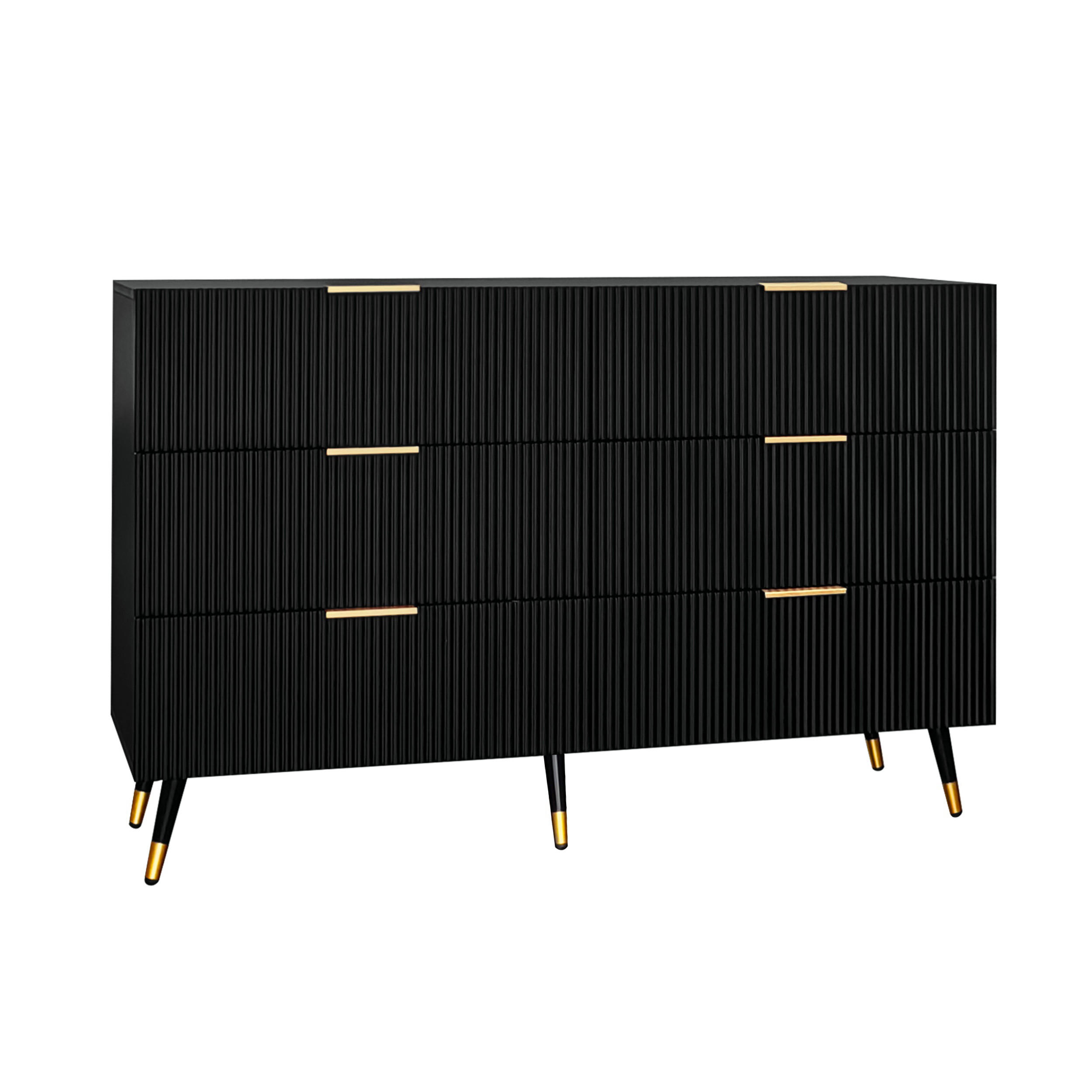 SIDEBOARD DE-38220 120/40/77 cm mit 6 Schubladen und goldenen Griffen Schwarz - Schwarz, Holzwerkstoff (120/77/40cm) - ComfortXL