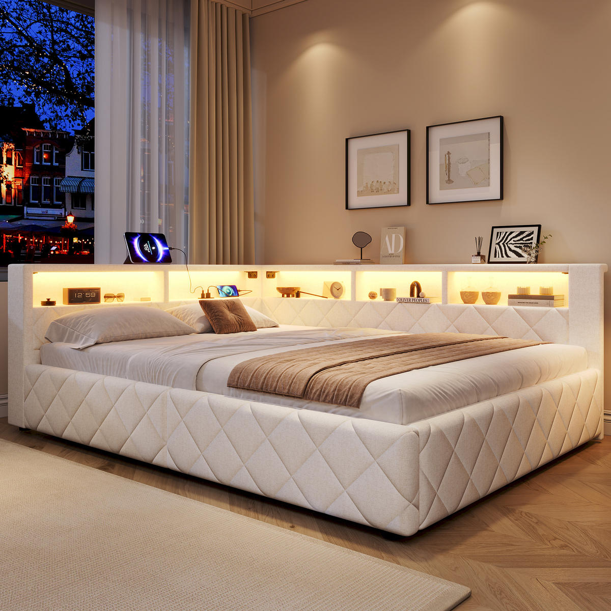 SCHLAFSOFA 140 x 200 cm, Beige, Leinen, LED, USB - Beige, Naturmaterialen (140/200cm) - FLIEKS