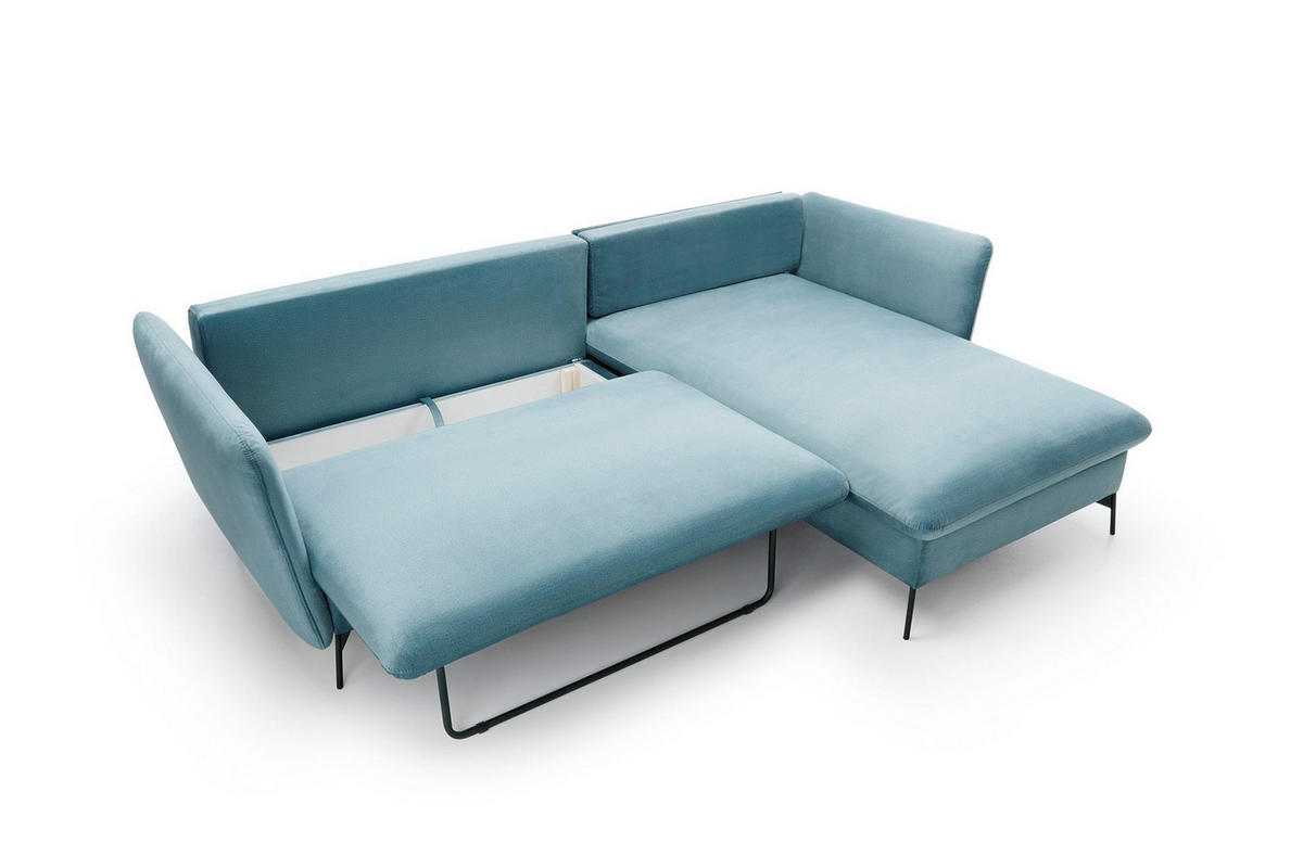 ECKSOFA FERRO Blau Velours-Stoff mit Schlaffunktion - Blau, Holz (258/167cm) - MASSENO
