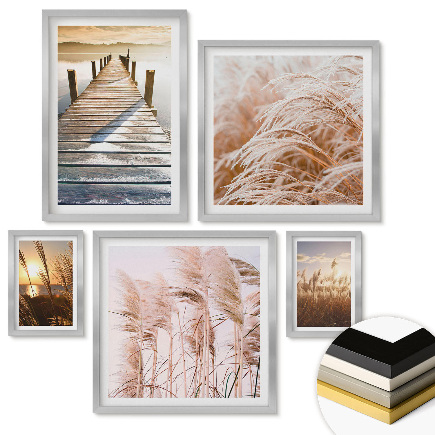 WANDBILDER 5er Set - 50x50 cm & 20x30 cm & 40x60 cm Silberner Rahmen - Boho-Grasfeld-Sonnenuntergang - Silberfarben, Kunststoff (40/60cm) - ArtPrintCave