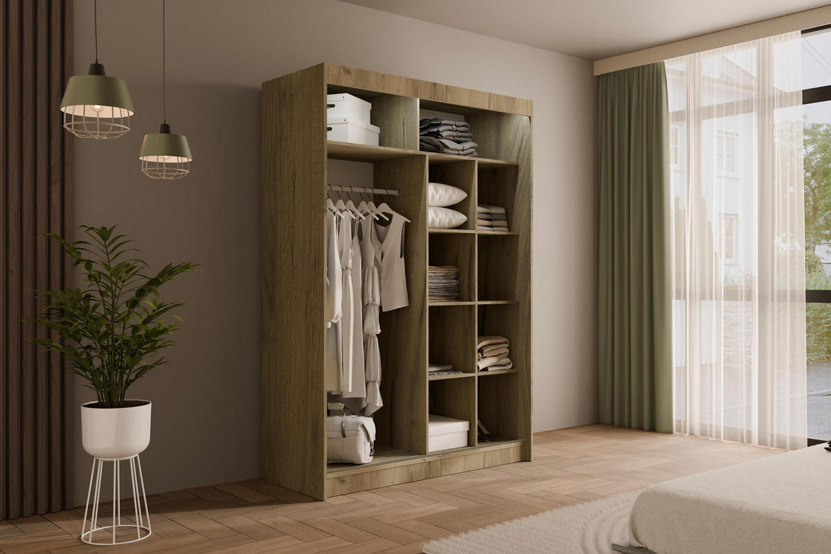KLEIDERSCHRANK PEKA III mit LED - 150 cm - Braun|Weiß - Braun/Weiß, Holzwerkstoff (150/215/61cm) - ALTDECOR