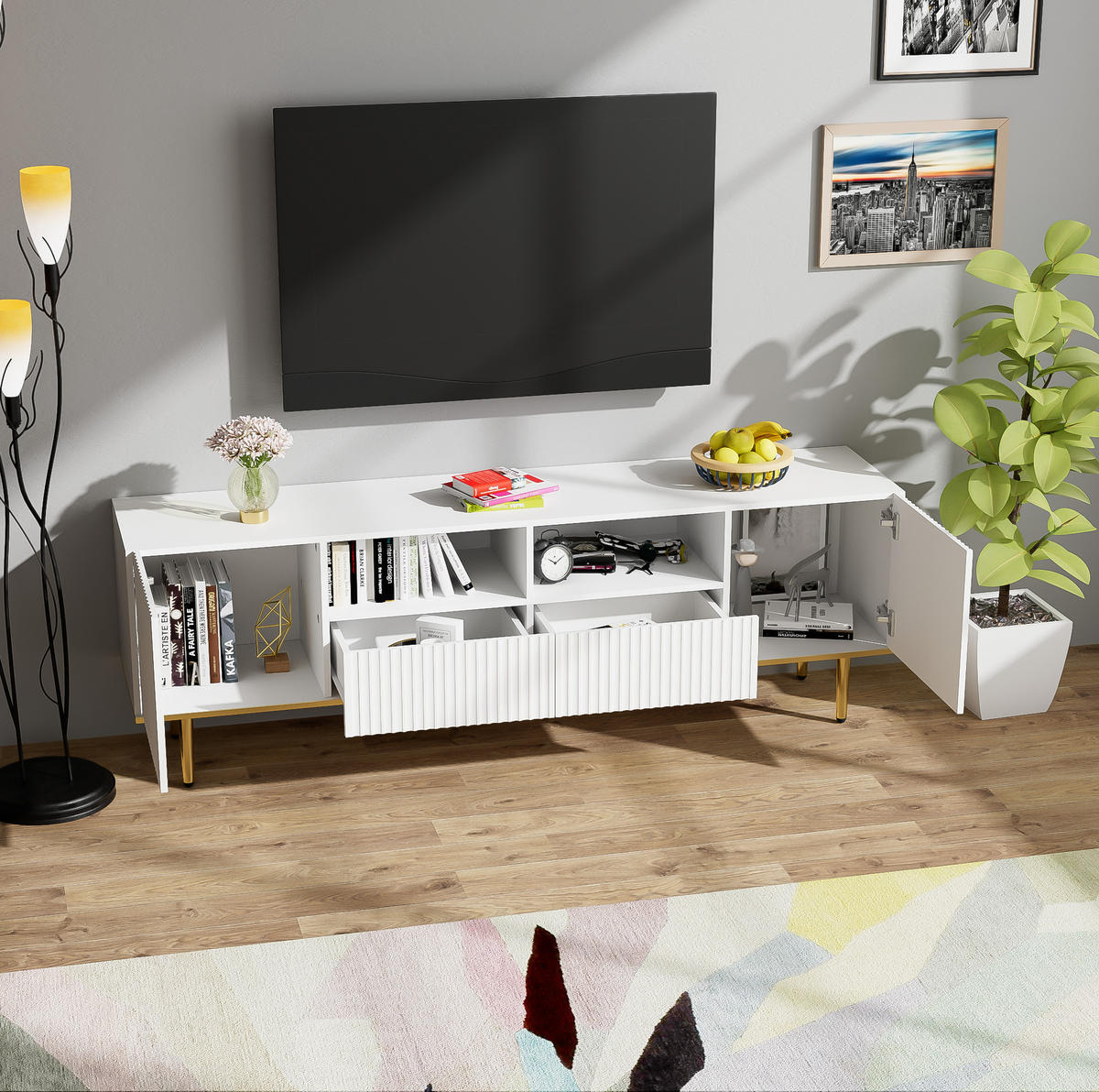 TV-LOWBOARD aus Spanplatte 165x36x55 cm Schwarz-Gold mit 2 Schubladen und 2 Fächern - Weiß, Holzwerkstoff (165/55/36cm) - IVMEU