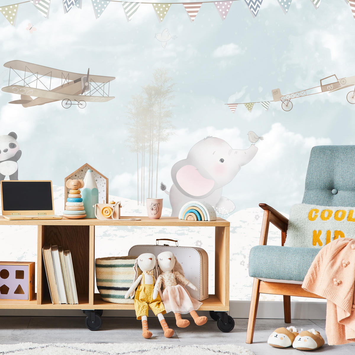 FOTOTAPETE für Kinderzimmer Boho Elefant Panda Giraffe Pflanze Flugzeug 500x350 - Multicolor, Papier (500/350cm) - Muralo
