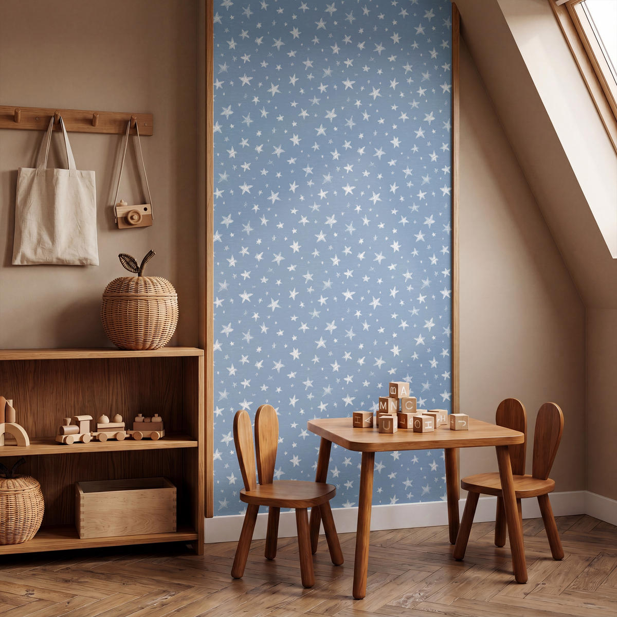 KINDERTAPETE - Sterne - Muster - Blau - 100x200 cm - Hellblau, Papier (100/200cm) - OnlyWow