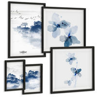 BILDER SET 5er Set - 50x50 cm & 20x30 cm & 40x60 cm Schwarzer Rahmen - Berge, Wolken, Bäume, Vögel im Hintergrund - Schwarz, Kunststoff (40/60cm) - TULUP