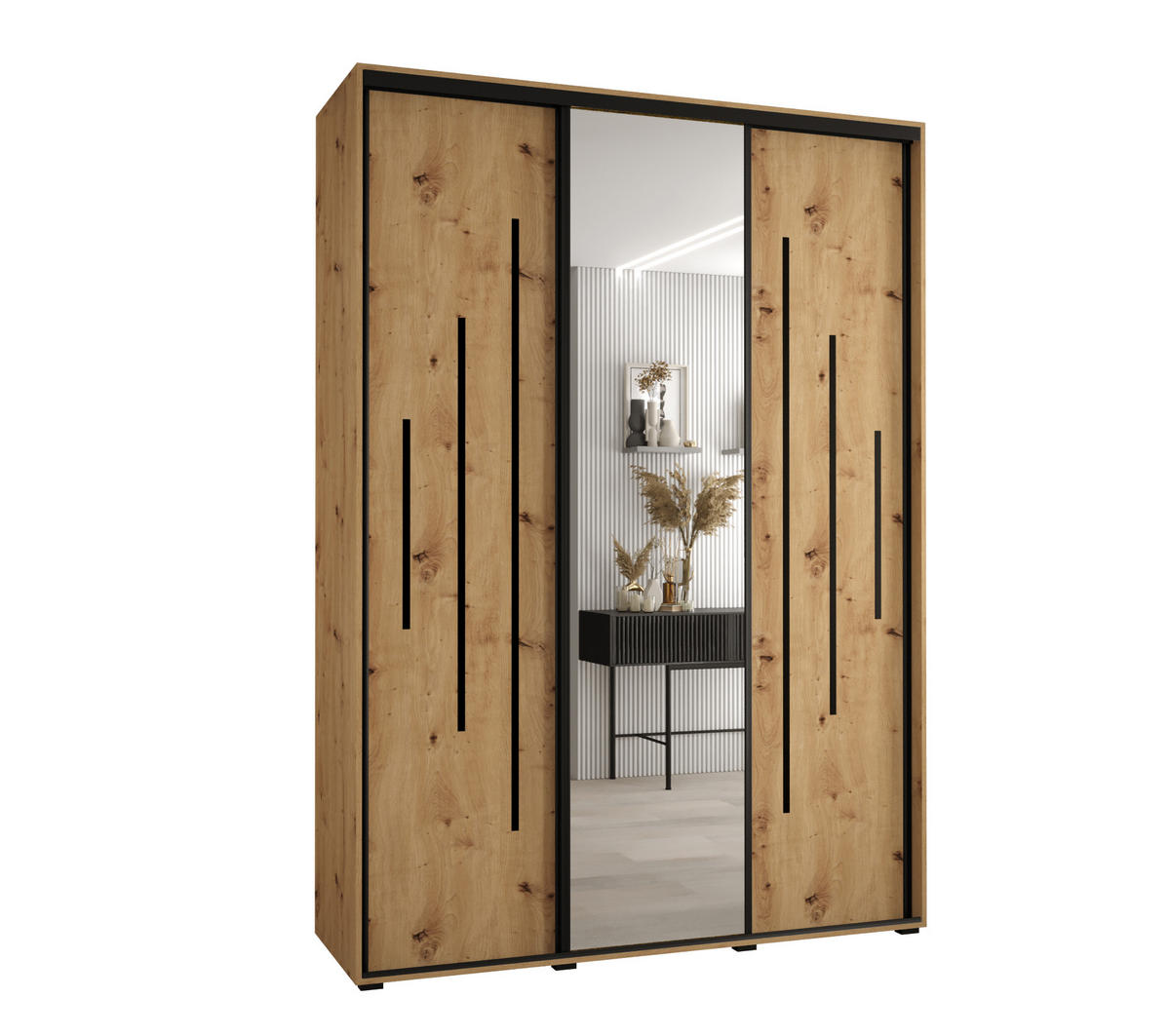 SCHWEBETÜRENSCHRANK 235,2/180/45 3-türig - Schwarz/Eiche Artisan, Holz/Metall (180/235/45cm) - Abiks Möbel