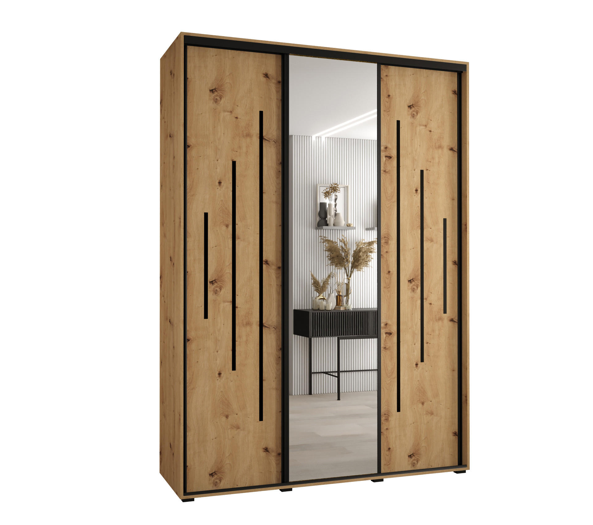 Abiks Möbel SCHWEBETÜRENSCHRANK Eiche Artisan, Eiche Artisan, Schwarz 170cm × 45cm × 235cm