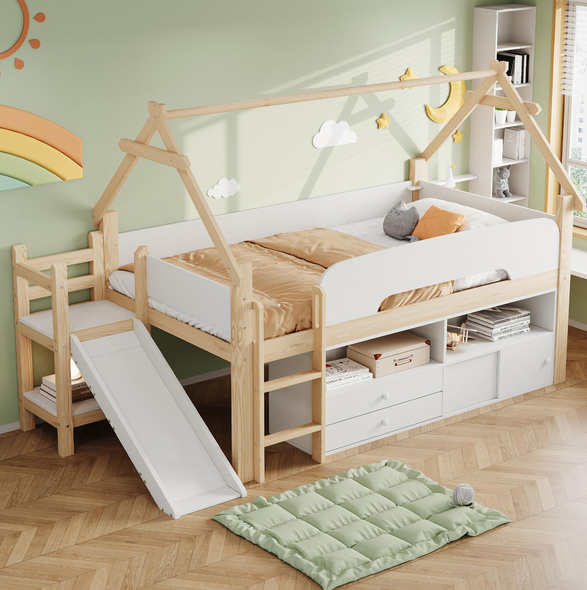 HOCHBETT aus Massivholz und MDF 90x200 cm Natur/Weiß mit Rutsche, Stauraum und Dachrahmen - Weiß, Holz (90/200cm) - Modfu