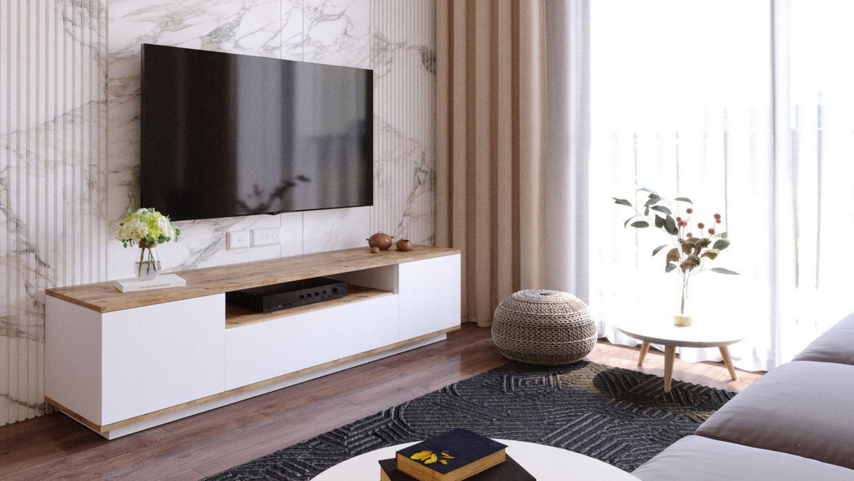 TV-MÖBEL FR7 Kiefer Atlantik-Weiß - Weiß/Kieferfarben, Holzwerkstoff (180/44/44cm) - Habitat Garten